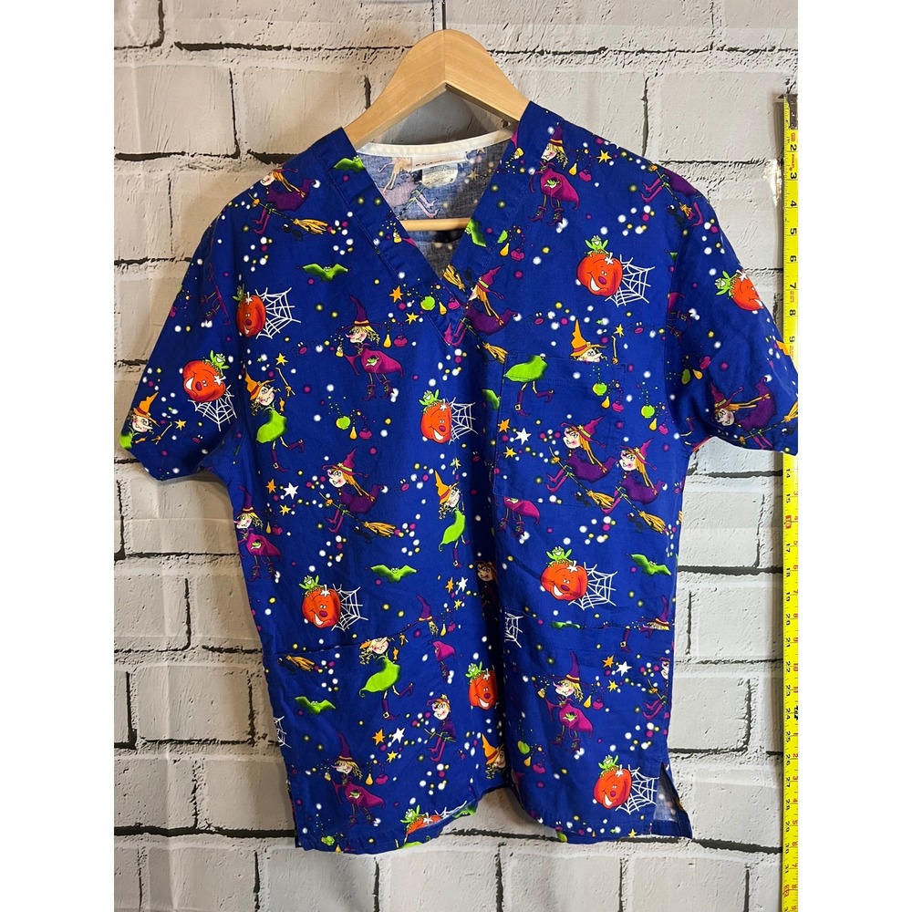 Vintage 90s Halloween Scrub Top Blue Witches Pumpkins XS